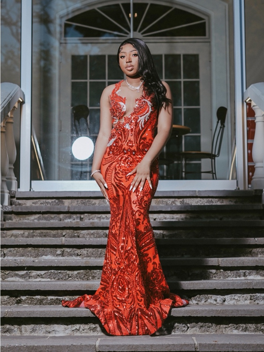 Red Embellished Mermaid Evening Dress
